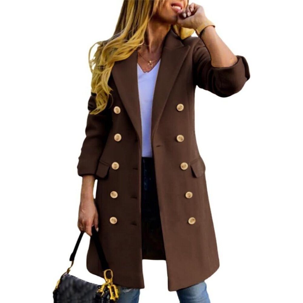 🆕Women's Brown Red Double-Breasted Wool Midi Trench Peacoat for Fall & Winter